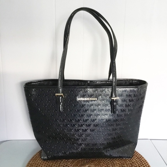 Michael Kors Black Shoulder Bag Purse Embossed Monogram Tote - Picture 1 of 8